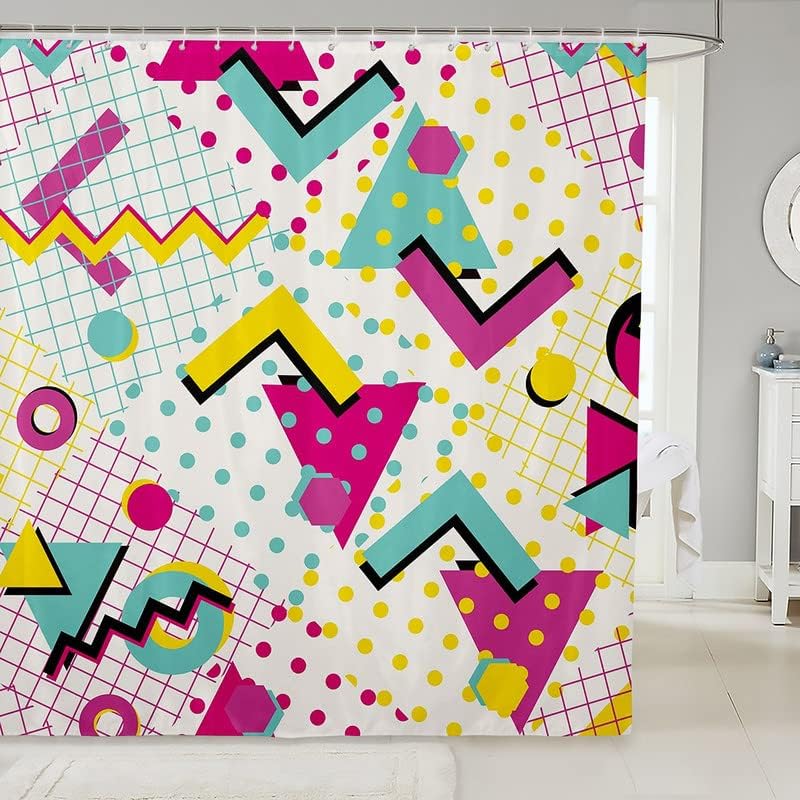 Memphis – Cortina de ducha geométrica para niños de los años 80 y 90, cortina de baño Memphis Setative Retro Fashion Style Cortina de baño colorida