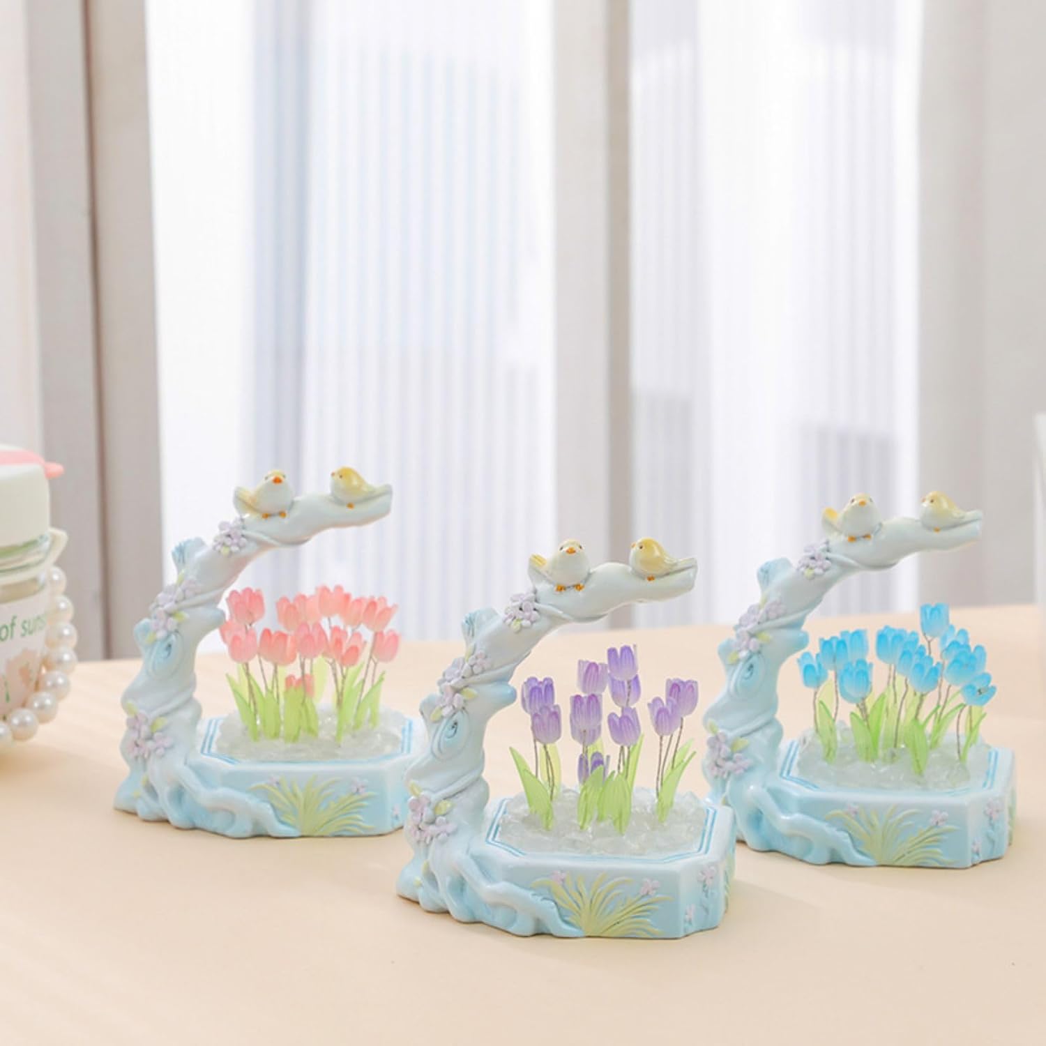 Lámpara de tulipanes de pájaros y flores, lámparas de mesa de tulipanes con 16 flores, mesita de noche, escritorio, lámpara de flores para niñas,