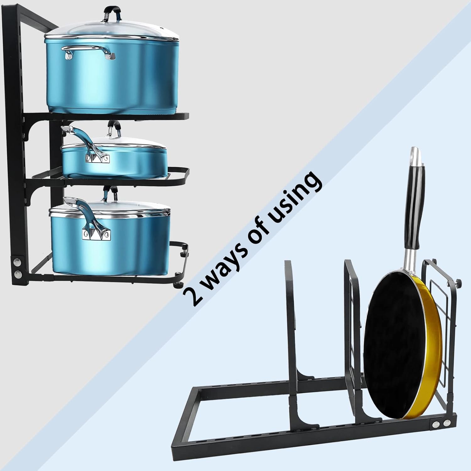 Organizador de ollas y sartenes para gabinete, 3 niveles para organizar la cocina, altura ajustable y ahorro de espacio, con 2 métodos de bricolaje,