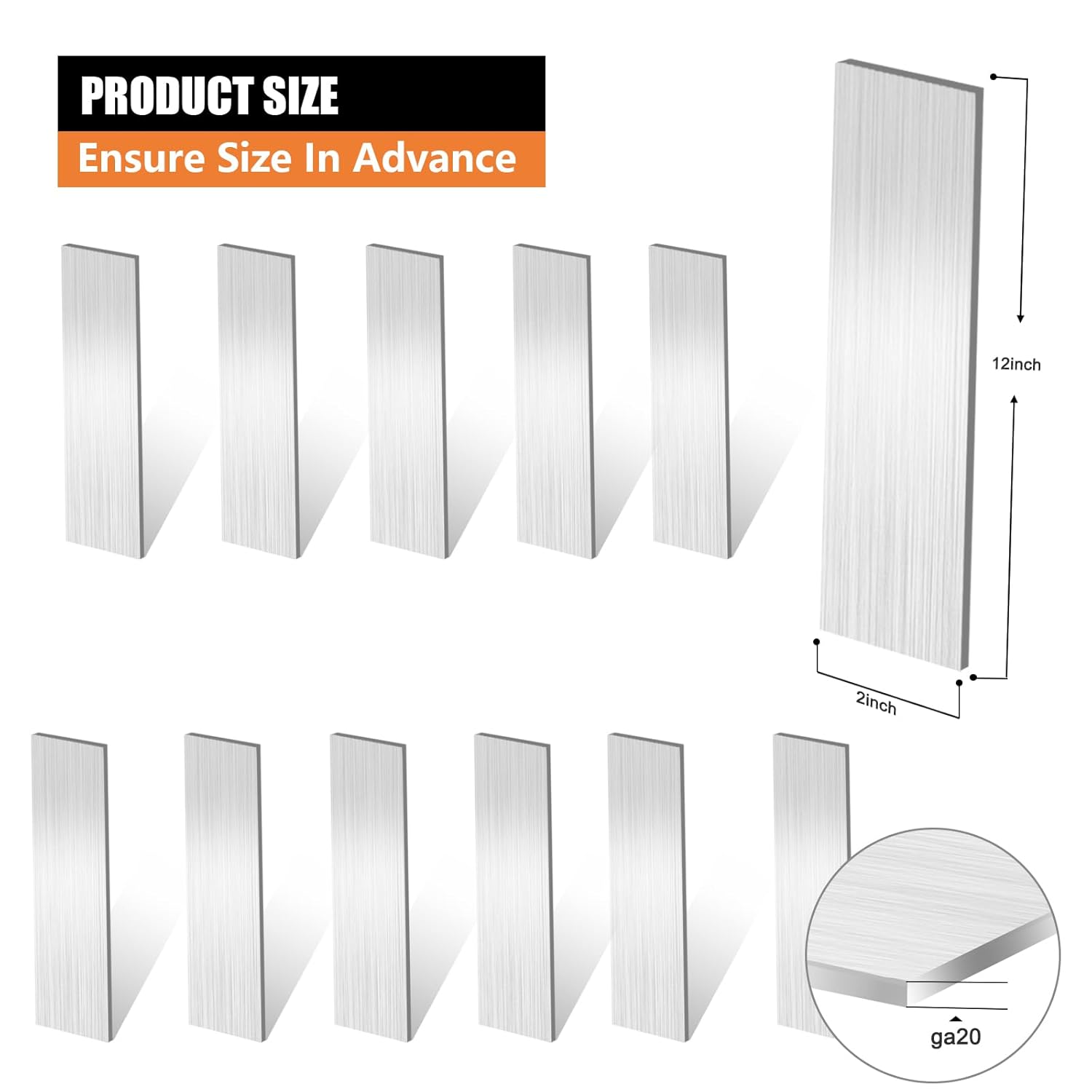 Paquete de 12 tiras de metal de 2 x 12 pulgadas, tiras de metal de acero inoxidable 304, kit de adornos decorativos de 20 gas