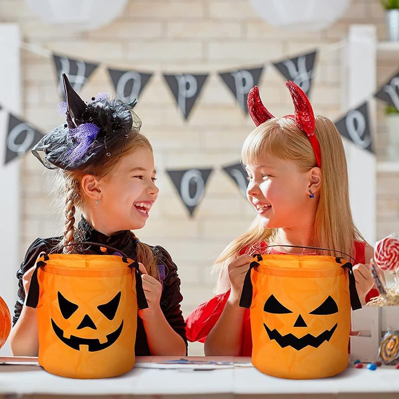 Bolsas de dulces de Halloween con luz LED para niños y adultos, cubo multiusos de Halloween para dulce o truco con cara sonriente de calabaza para