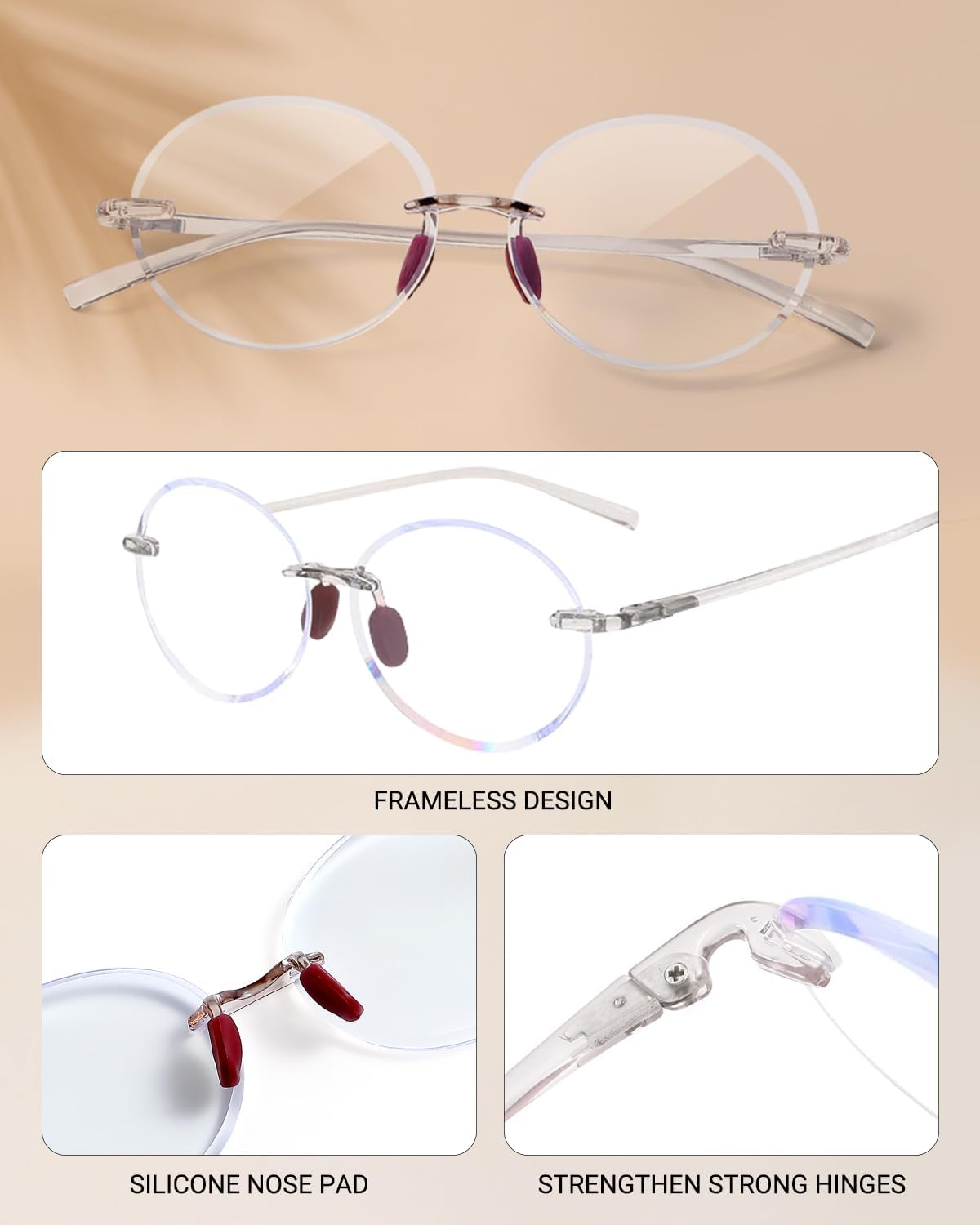 TERAISE Rimless Reading Glasses for Women,3 Pack Blue Light Blocking Reading Glasses,Ultralight Frameless Reader