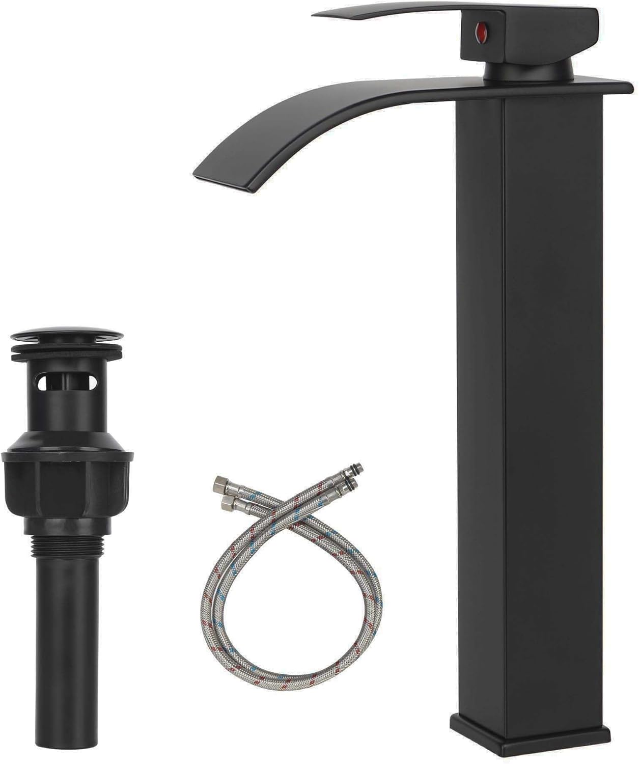Grifos de baño, grifo de lavabo de cascada, para fregadero de baño, 1 agujero, negro mate, grifo de tocador alto con drenaje combinado de montaje en