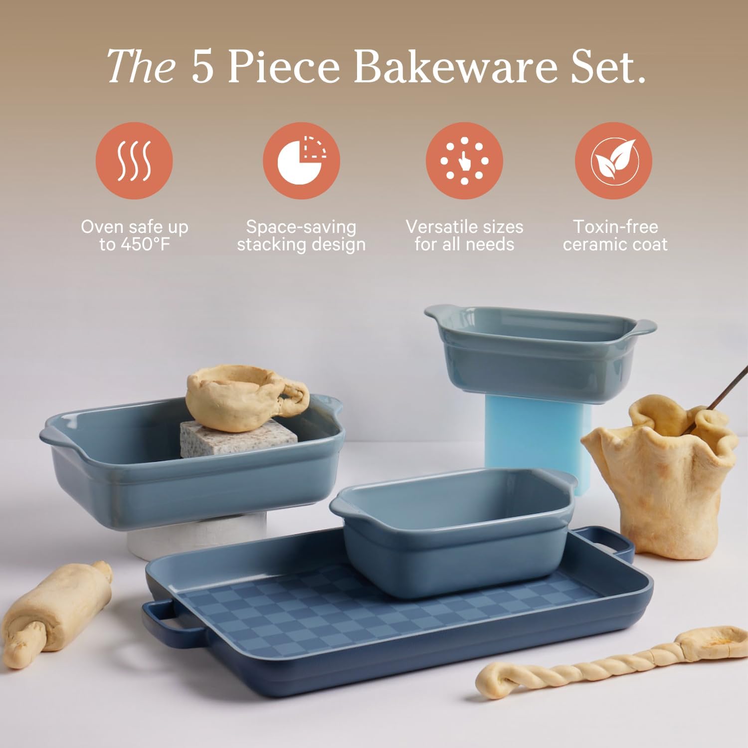 Our Place Ovenware – Juego de 5 piezas antiadherentes, sin toxinas, cerámica, juego de gres con bandeja para horno, panaderos y alfombrilla de horno