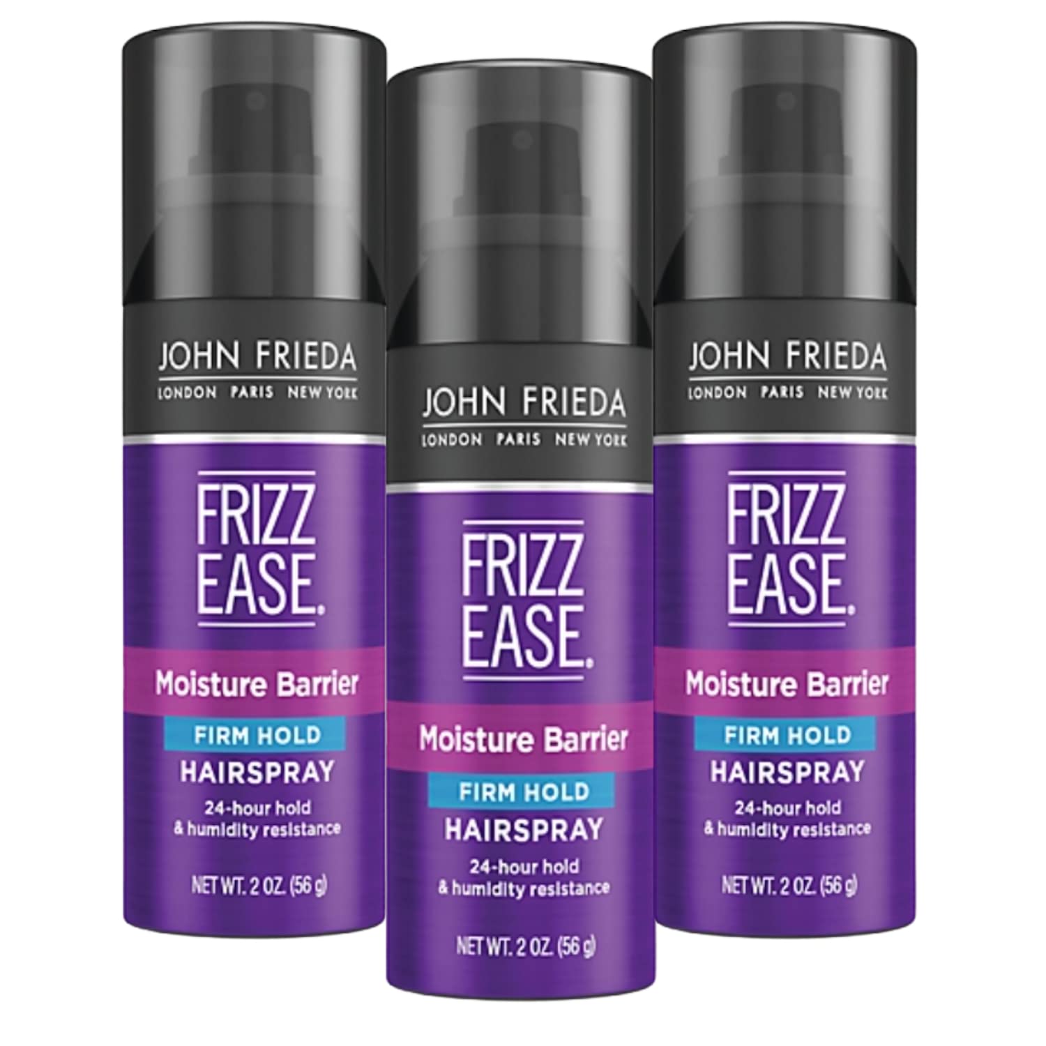 JOHN FRIEDA HairSpray Frizz Ease Firm Hold Anti Frizz para cabello seco y dañado LONDON PARIS NEW YORK paquete de 3 2 onzas, tamaño mini, tamaño de
