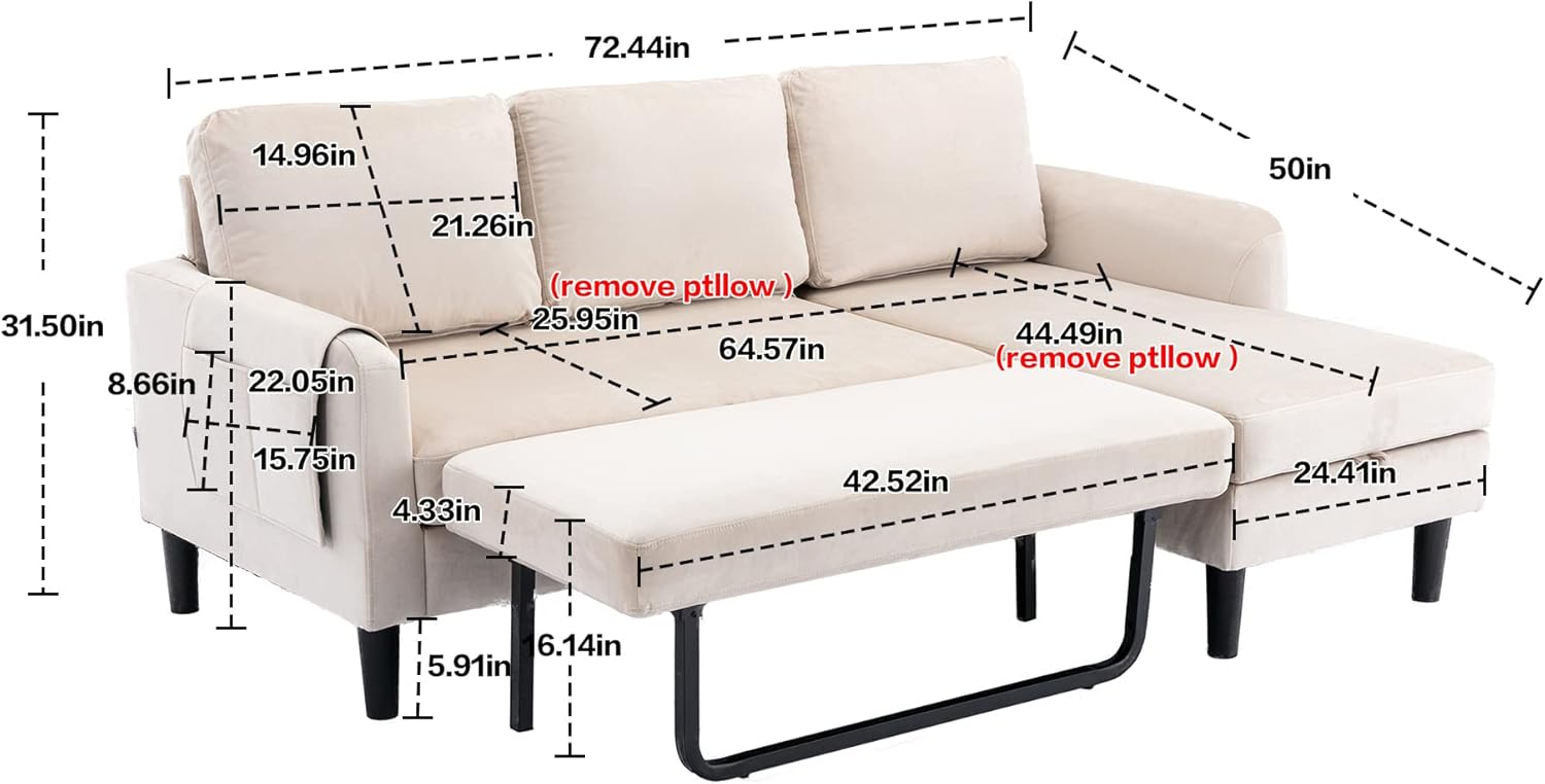 Tumbona seccional de 3 plazas, cama extraíble convertible en forma de L y almacenamiento, cómodo sofá esquinero tapizado de terciopelo para sala de
