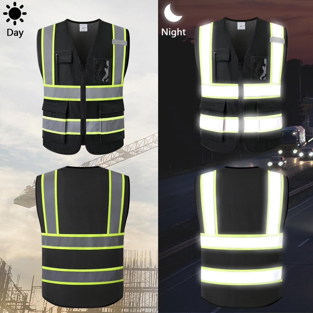 Kazsaifo Chaleco de seguridad reflectante para hombres y mujeres, con 5 bolsillos y cremallera frontal, chaleco de malla de alta visibilidad,