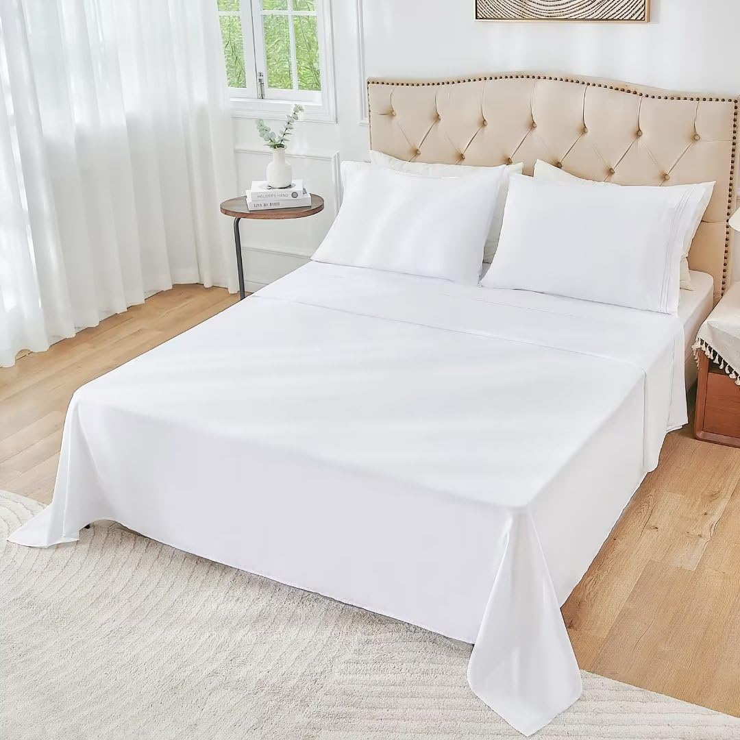 Juego de sábanas blancas de tamaño matrimonial, juego de sábanas bajeras y fundas de almohada de bolsillo profundo, 4 piezas de microfibra de