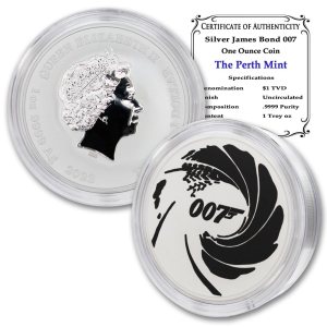 2022 1 oz Black-Colored Silver James Bond 007 Coin (in Capsule) Brilliant Uncirculated with a Certificate of Authenticity BU 2022 1 oz Black-Colored Silver James Bond 007 Coin (in Capsule) Brilliant Uncirculated with a Certificate of Authenticity BU