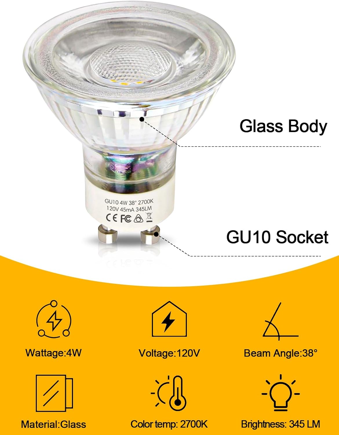 Bombillas LED GU10 regulables, luz blanca cálida de 2700 K, bombilla LED de 4 W, equivalente a halógeno de 50 W, ángulo de haz de 120 V, 345
