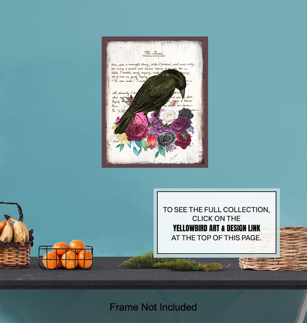 Edgar Allan Poe Gothic Wall Art 11×14 – The Raven Goth Room Decor for Women – Shabby chic Bedroom, Living Room Decor – Wicca, Witch, Occult, Crow,