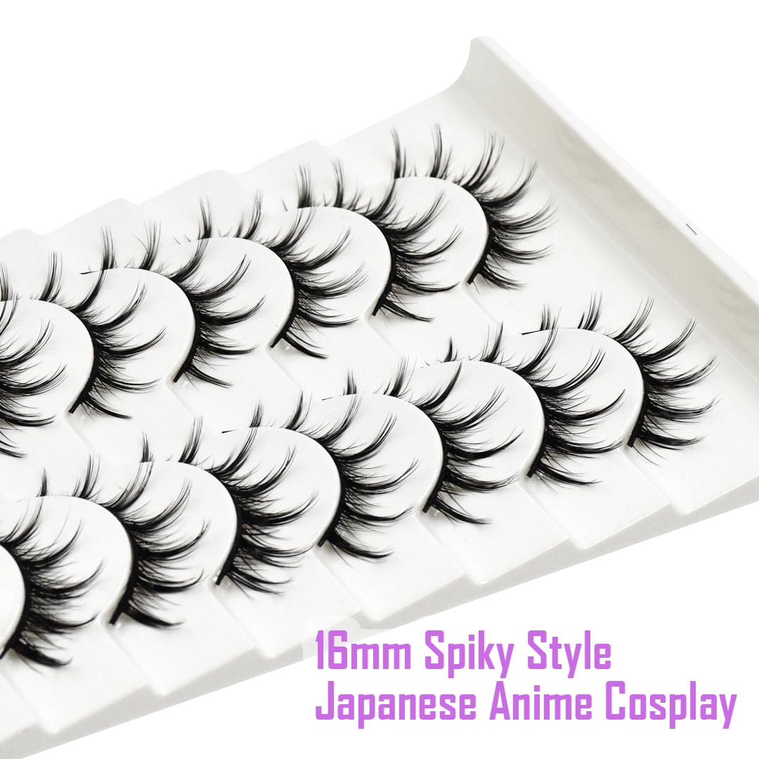 10 pares de pestañas de manga de aspecto natural de 0.631 pulgadas, estilo espigado, estilo japonés, anime cosplay, ojo de gato, extensión de