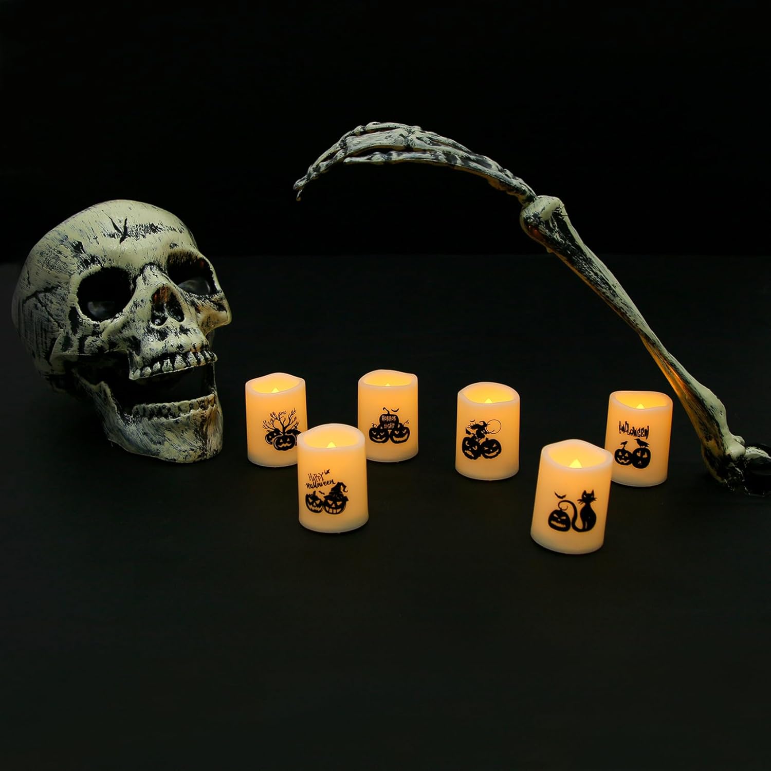Velas votivas de Halloween sin falma, más de 200 horas, velas LED parpadeantes con calcomanías de calabazas para decoración del hogar de Halloween,