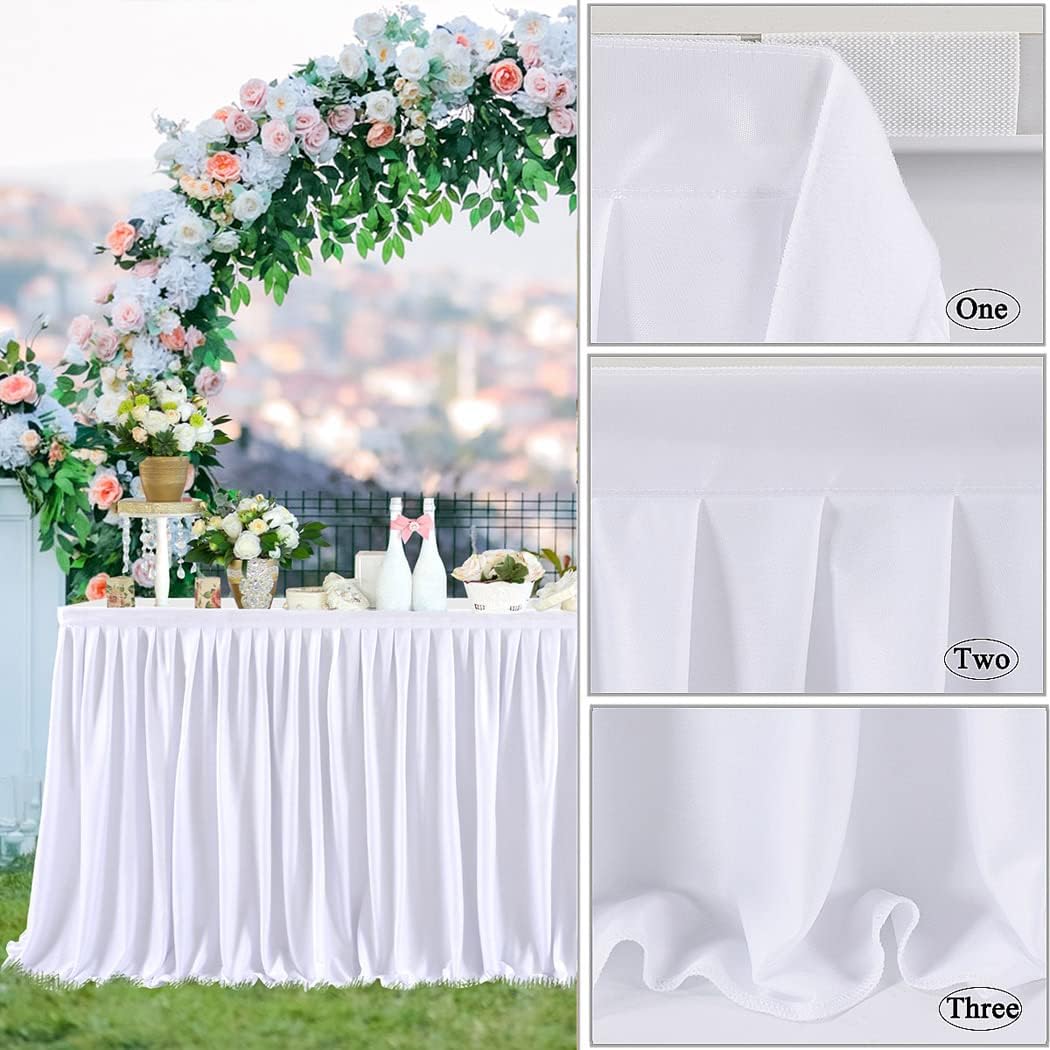 Falda de mesa blanca de 8 pies para decoración rectangular o redonda para fiesta de cumpleaños, baby shower, boda, bufé, banquete, decoración de