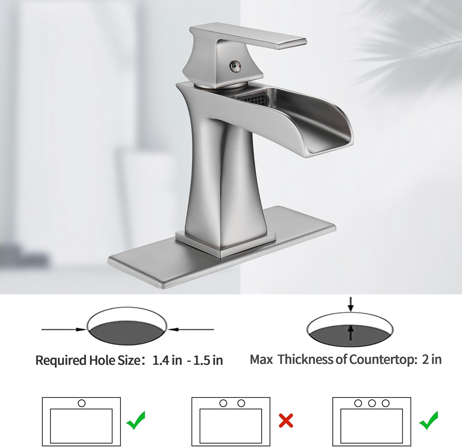 FOUTLQ Grifo de baño tipo cascada de níquel cepillado de una sola manija, grifo de lavabo de baño de 1 o 3 agujeros con drenaje desplegable,
