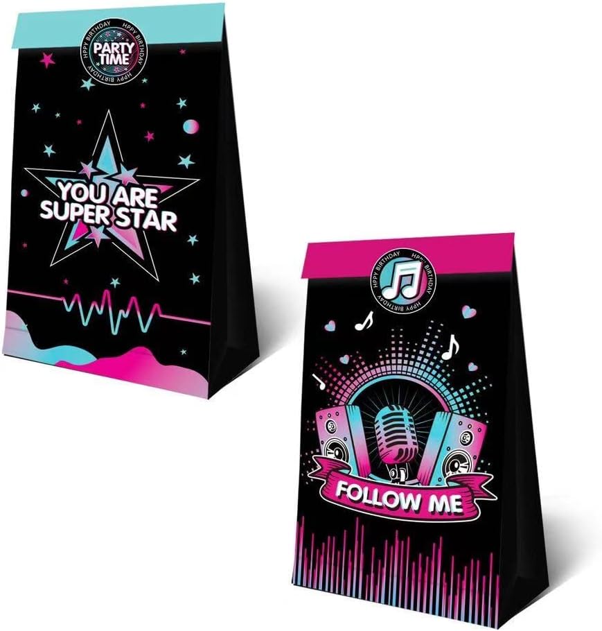 24 bolsas de recuerdo de fiesta musical, bolsas de golosinas con 36 calcomanías de impresión musical, regalo de temática musical, bolsas de dulces