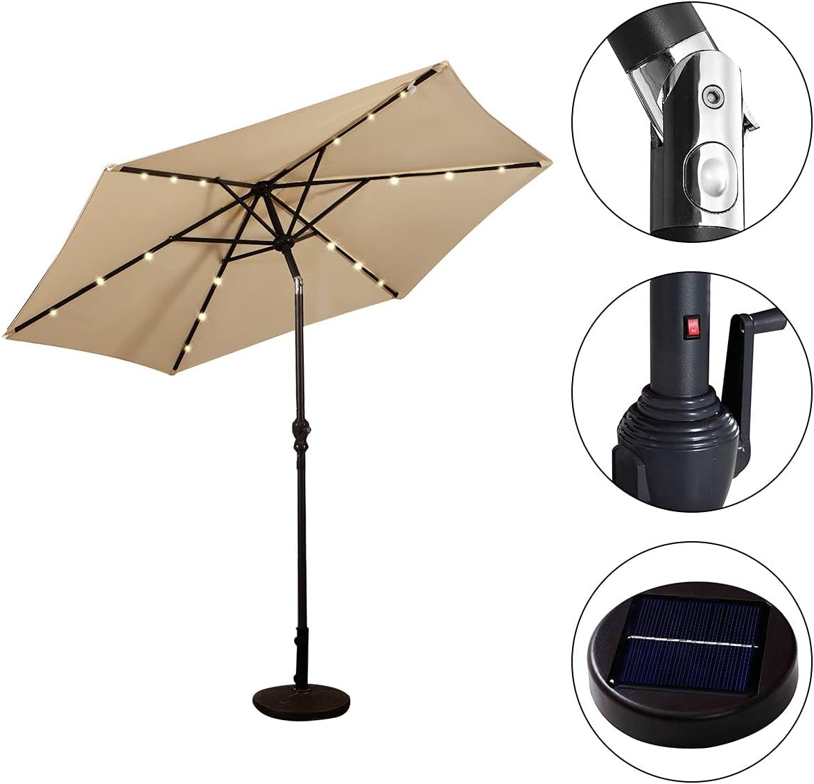 HAPPYGRILL Patio Umbrella with Solar Lights Outdoor Table Umbrella with Tilt Crank Sun Umbrellas for Market Garden Patio Poolside