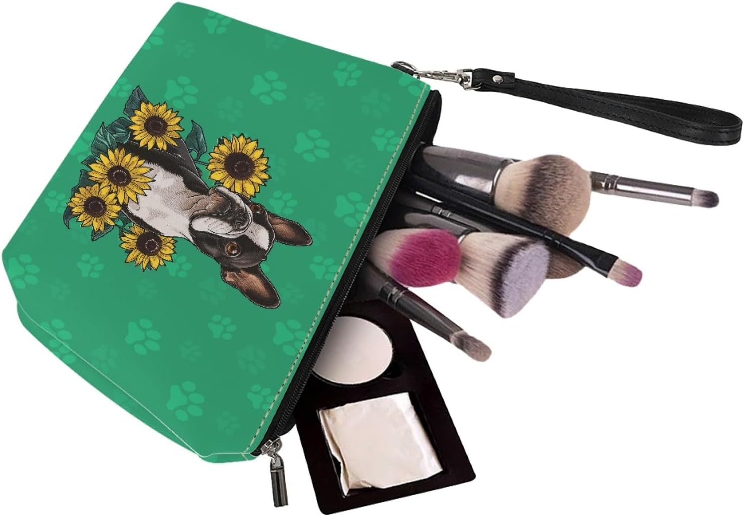 AFPANQZ Boston Terrier Bolsa de maquillaje con cremallera Bolsa de cosméticos de piel sintética para mujer con correa extraíble Neceser Tren Bolsa