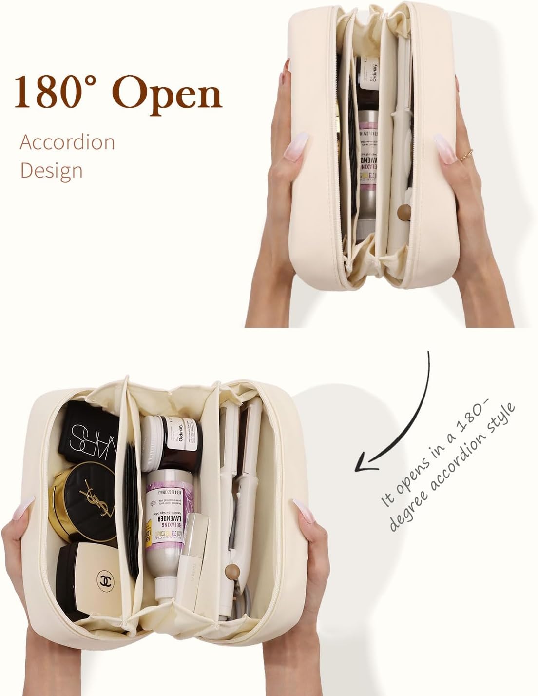 Pocmimut Bolsa de maquillaje de piel sintética, bolsa de maquillaje de viaje, bolsa de maquillaje plana abierta para bolso, bolsa de maquillaje para