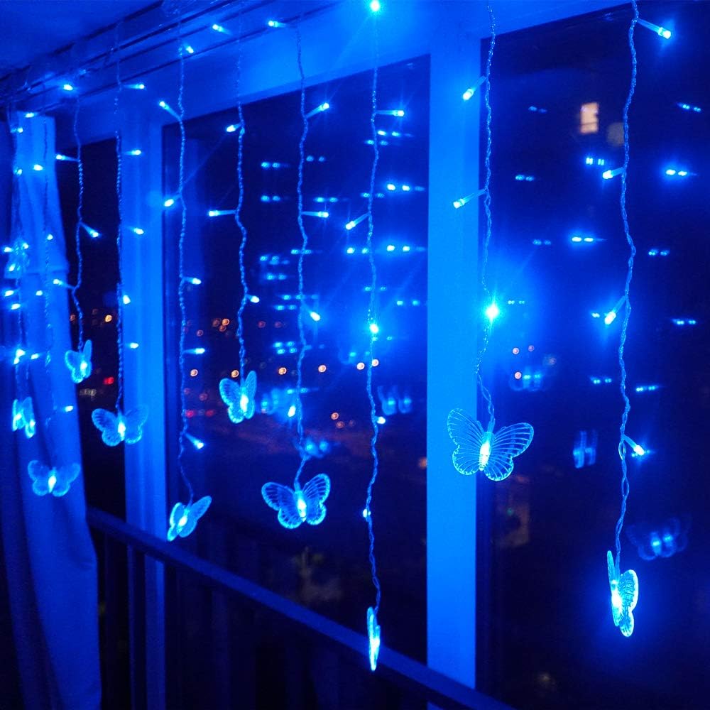 Guirnalda de luces de mariposa azul con enchufe USB, 120 LED, 8 modos, 20 pies, luciérnaga, luces de carámbano parpadeantes, con temporizador