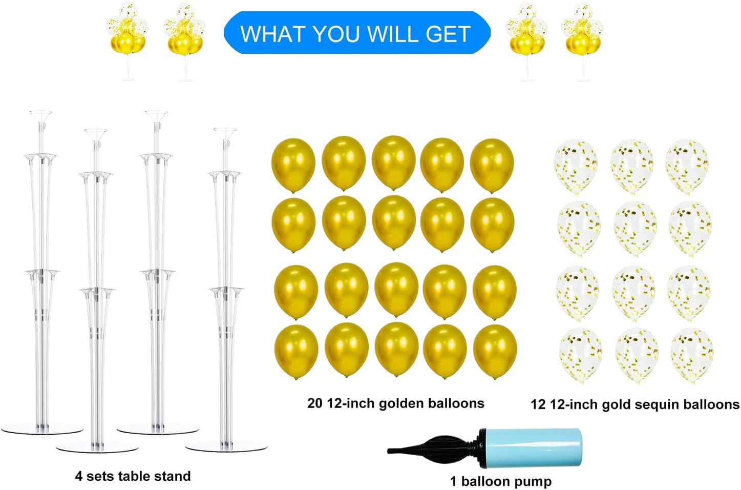 LANGXUN Juego de 4 soportes para globos de mesa de 28 pulgadas con globos dorados para decoraciones de fiesta de cumpleaños y decoraciones de boda,