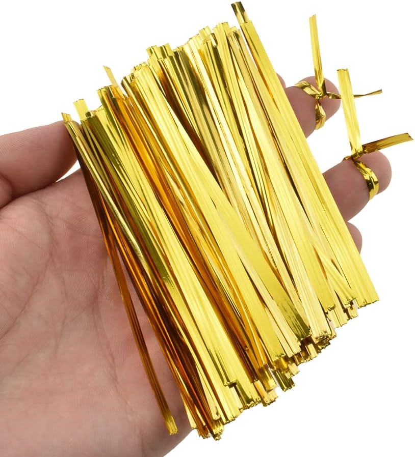 HAHIYO 300 lazos torcidos de metal dorado de 4 pulgadas para pan, dulces, bolsas de café, lazos para plantas de jardín, bolsas de celofán, bolsas de