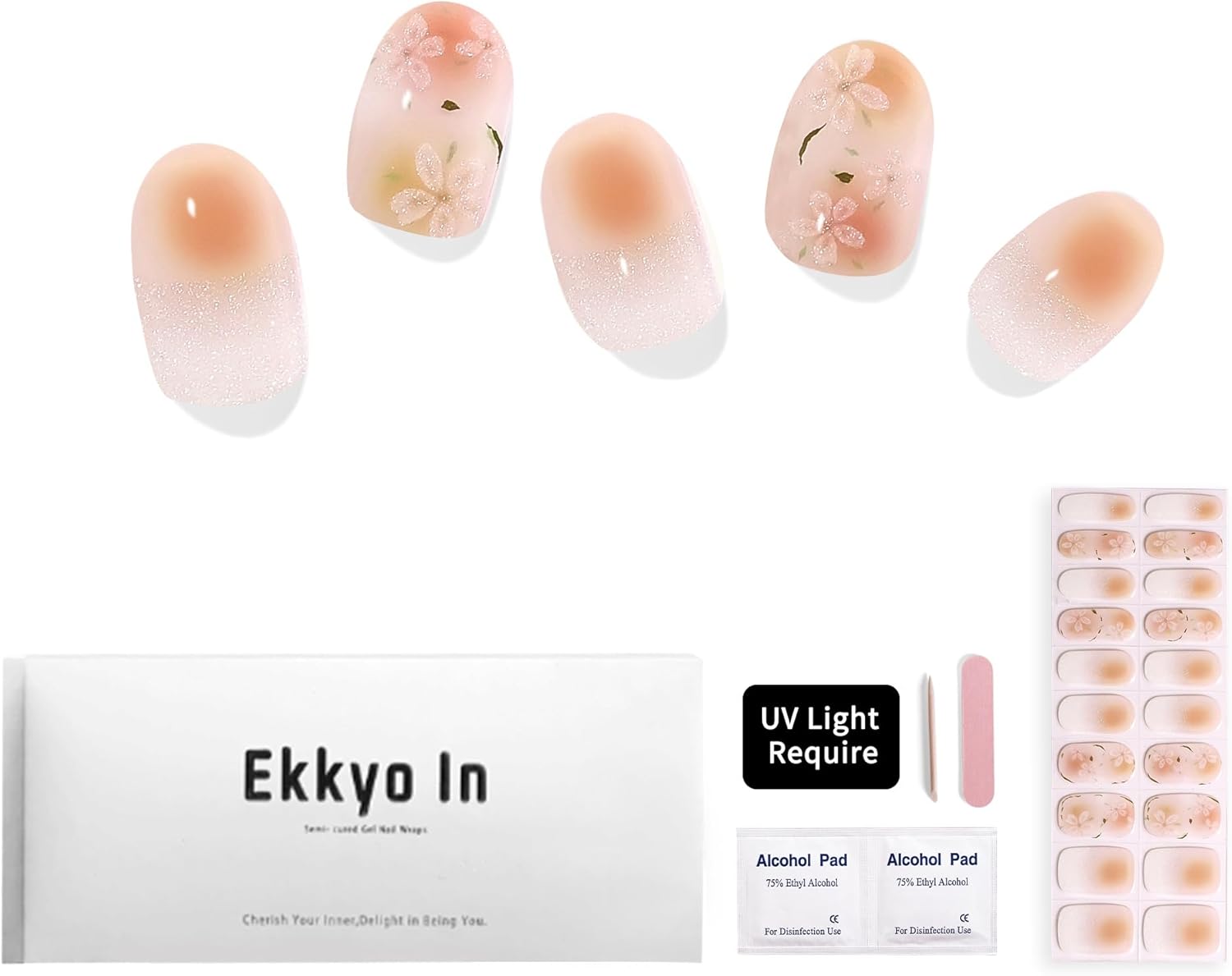 Tiras de uñas de gel semicuradas, envolturas de uñas de gel fáciles de usar, 20 tiras de uñas de gel semicuradas de larga duración, obtén arte de