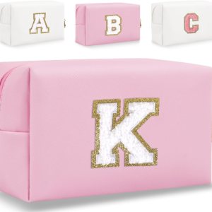 HENGNI Pequeña bolsa de maquillaje personalizada, bonita bolsa de maquillaje de piel sintética con letras de chenilla, bolsa de cosméticos de viaje, HENGNI Pequeña bolsa de maquillaje personalizada, bonita bolsa de maquillaje de piel sintética con letras de chenilla, bolsa de cosméticos de viaje,