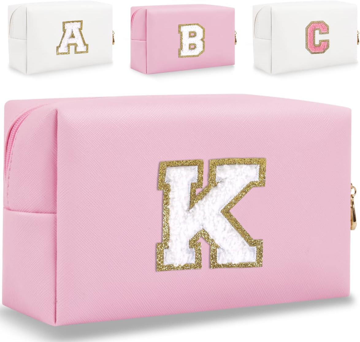 HENGNI Pequeña bolsa de maquillaje personalizada, bonita bolsa de maquillaje de piel sintética con letras de chenilla, bolsa de cosméticos de viaje,