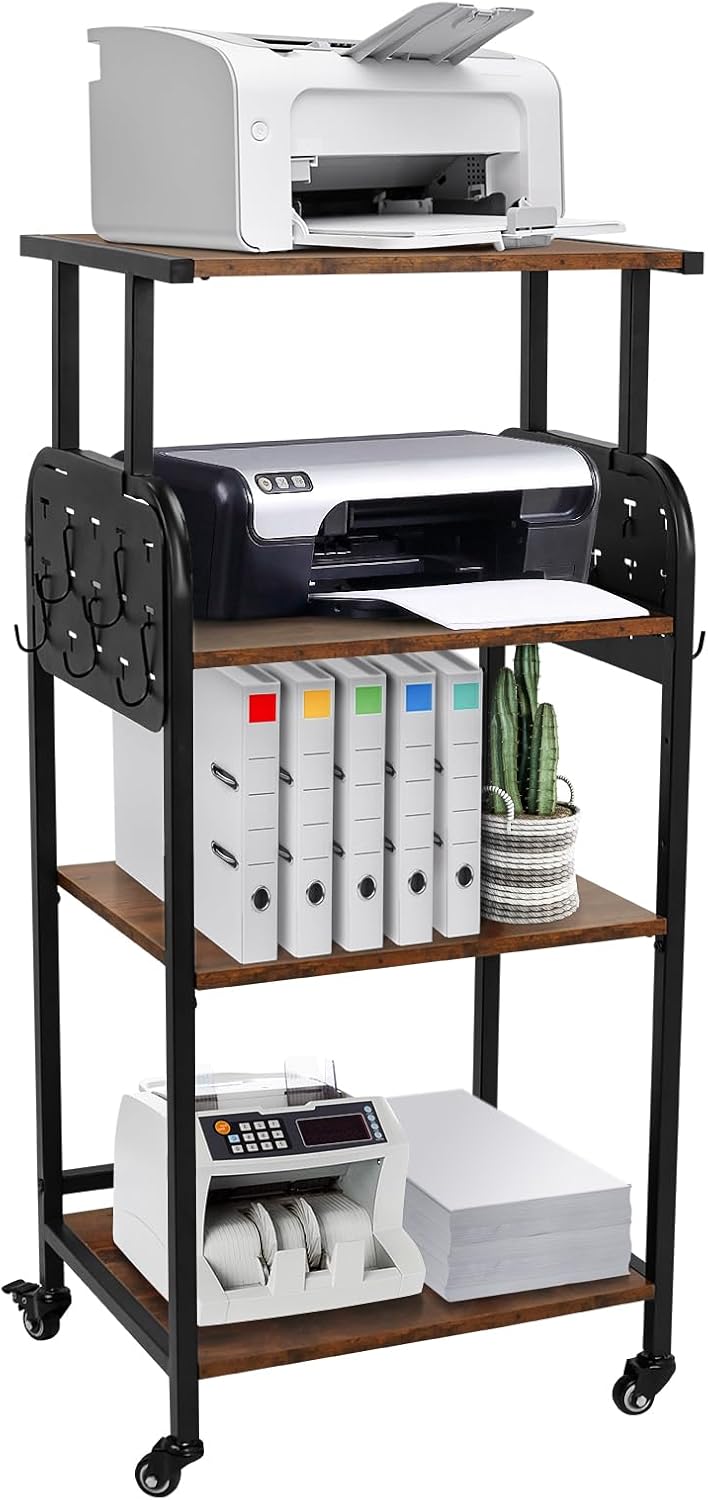 Soporte de impresora de 4 niveles con ruedas, estante grande con altura ajustable, organización de almacenamiento multiusos para oficina en casa,