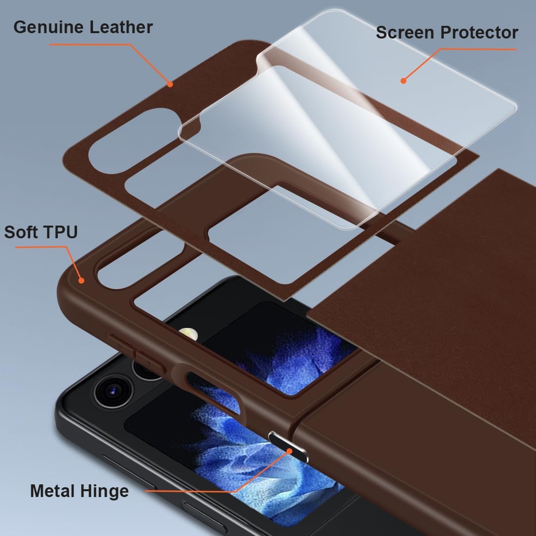 KEZiHOME Funda para Samsung Galaxy Z Flip 5 con protector de pantalla integrado, funda de cuero genuino para Samsung Z Flip 5 con cubierta para