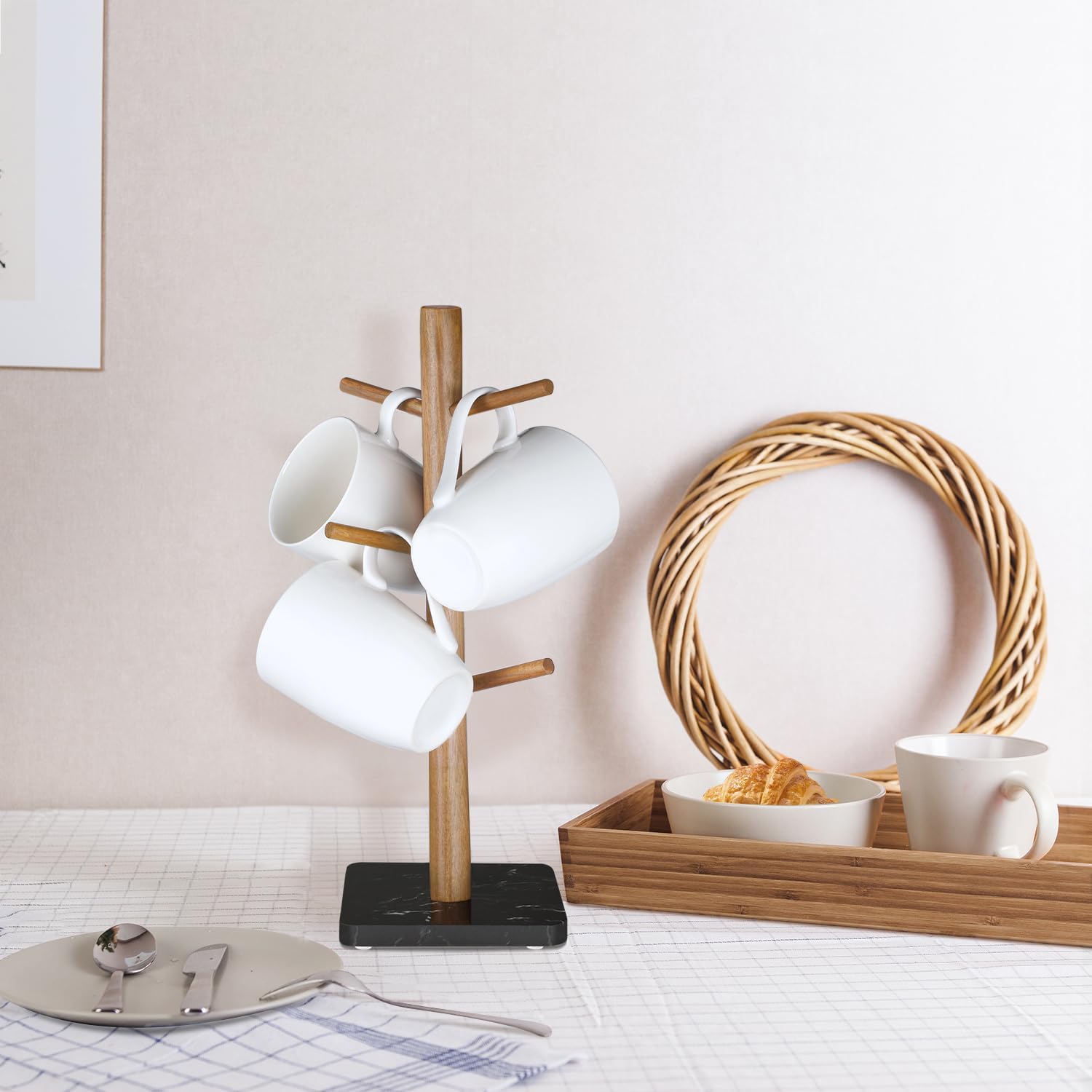 Buruis Soporte para tazas de madera, base de mármol, soporte para tazas, soporte para tazas, taza de café de cocina, soporte para encimera, soporte