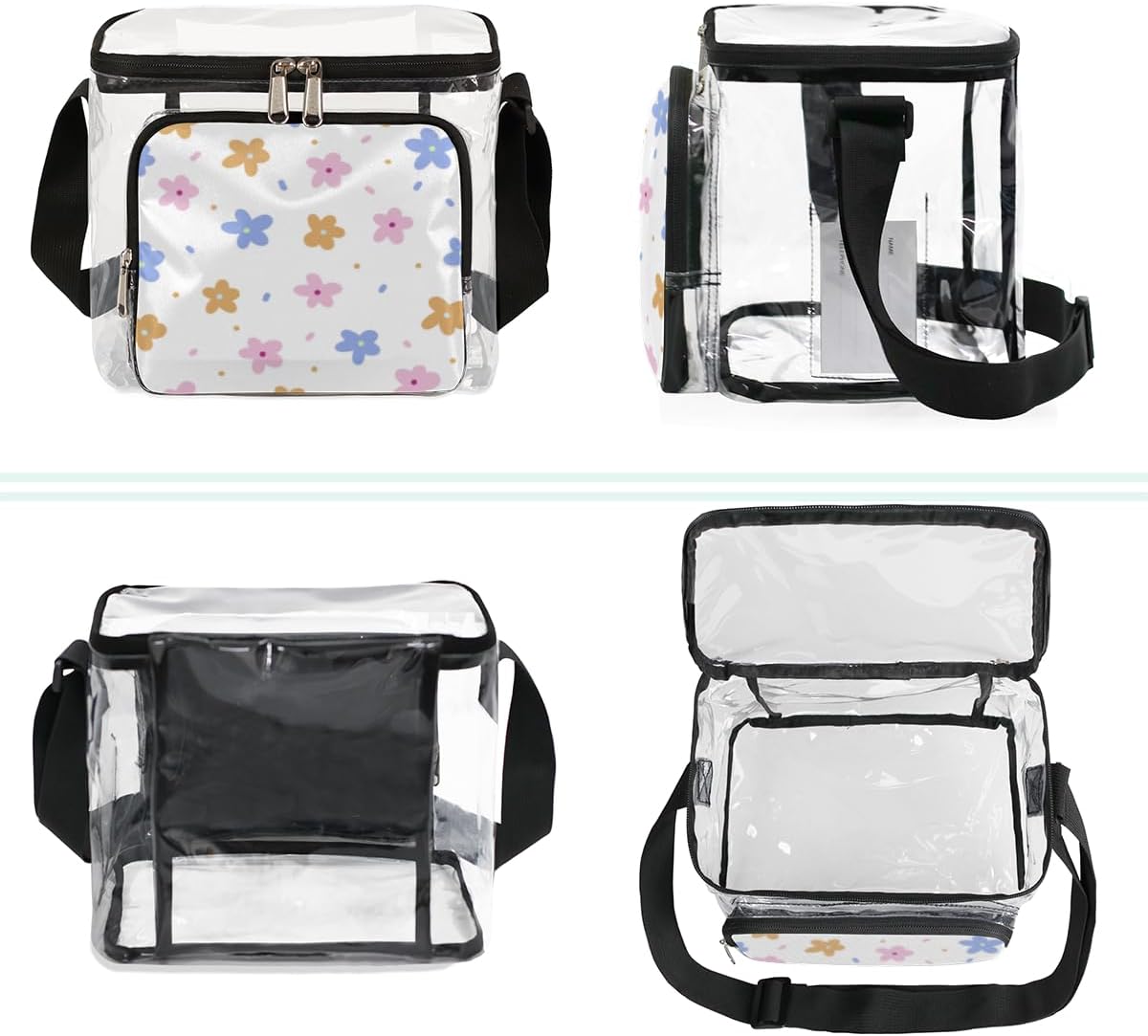 Bolsas de almuerzo transparentes con confeti floral para el trabajo, lonchera de plástico transparente con correa ajustable y compartimento frontal
