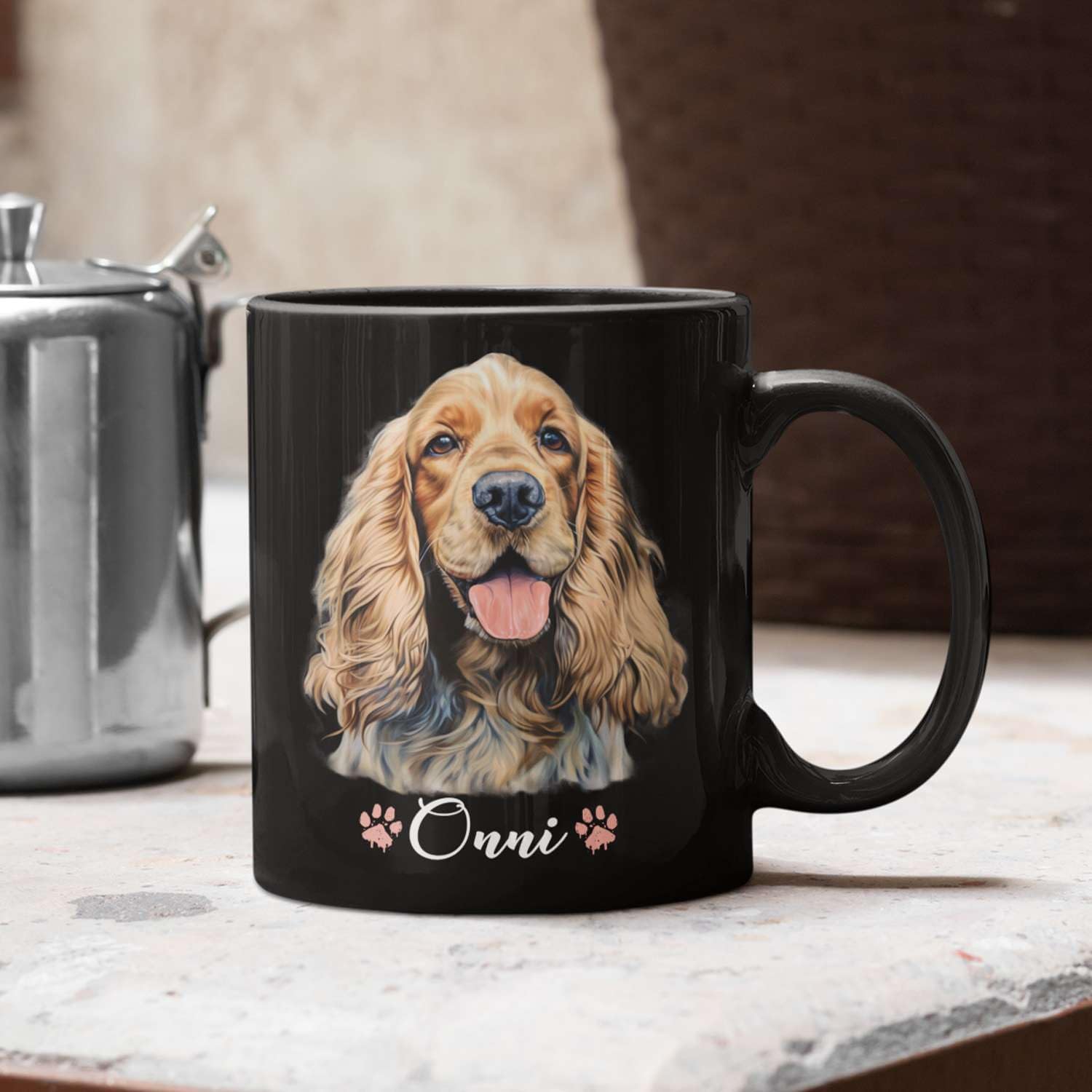 Taza personalizada para propietarios de Cocker Spaniel, taza de café negra personalizada con nombre, bonita taza de cerámica con retrato de cocker