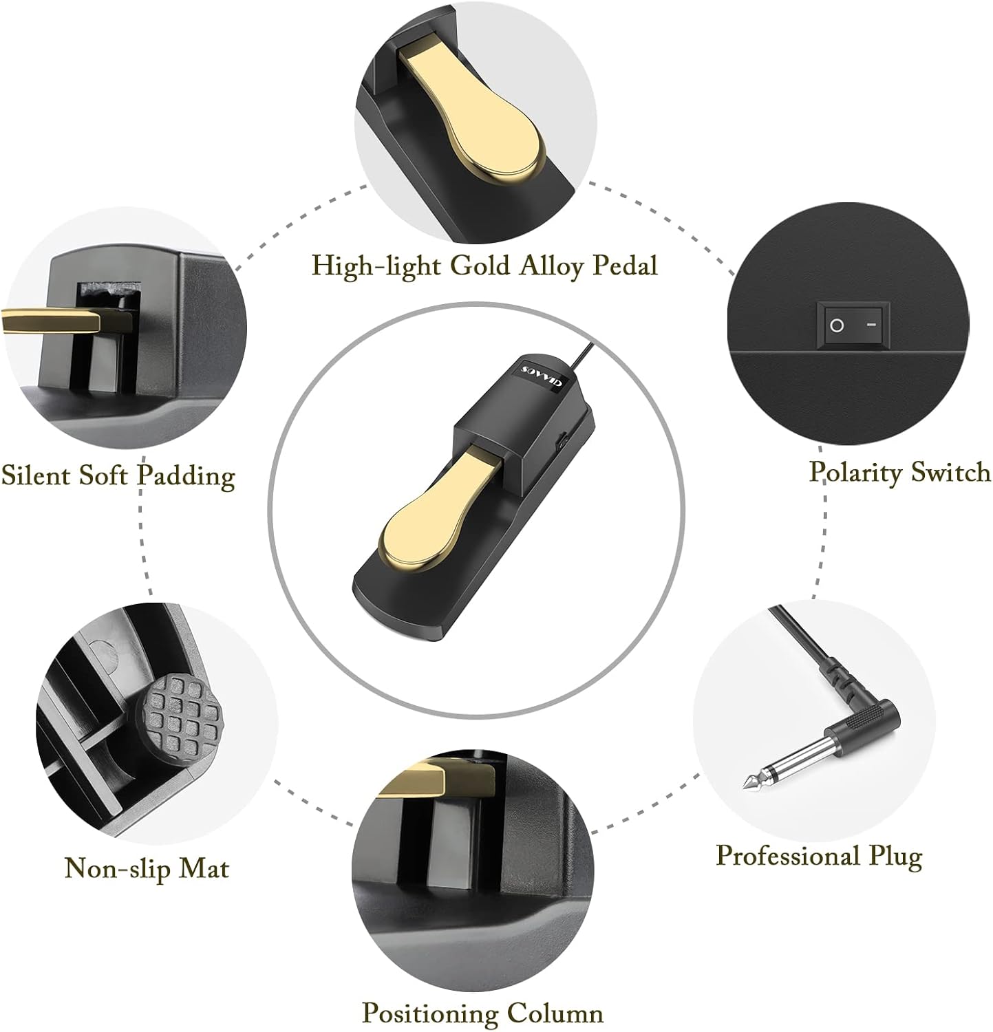 Sovvid Pedal de sostenimiento para teclado, pedal de piano dorado con interruptor de polaridad para todas las marcas teclados electrónicos, teclados