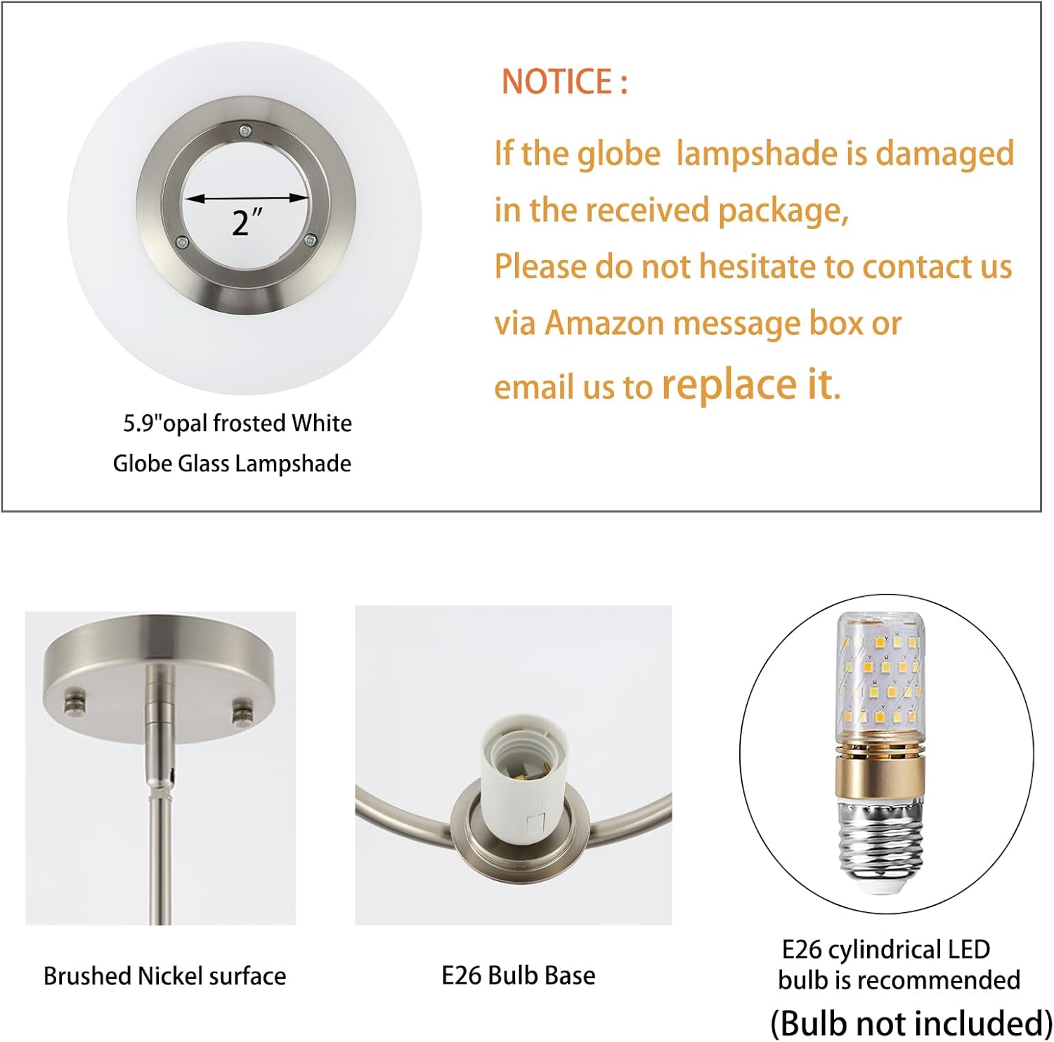 BYOLIIMA Lámpara colgante moderna con forma de globo de níquel cepillado, 1 luz de mediados de siglo, lámpara colgante de techo con globo blanco,