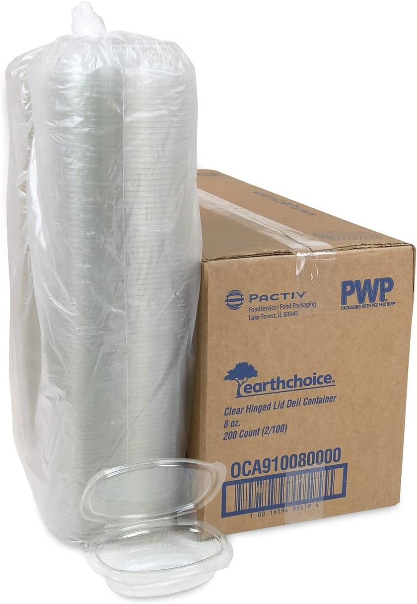 Pactiv Evergreen EarthChoice Contenedor con bisagras de PET reciclado, 8 onzas, 4.92 x 5.87 x 1.32, transparente, plástico, 200caja