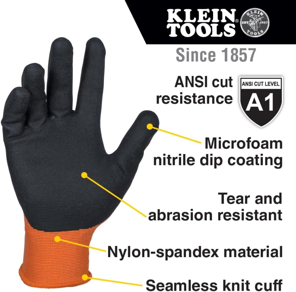 Klein Tools 60582 – Guantes de trabajo, guantes de punto resistentes a los cortes, ANSI A1, con revestimiento de nitrilo, nailon y elastano, aptos