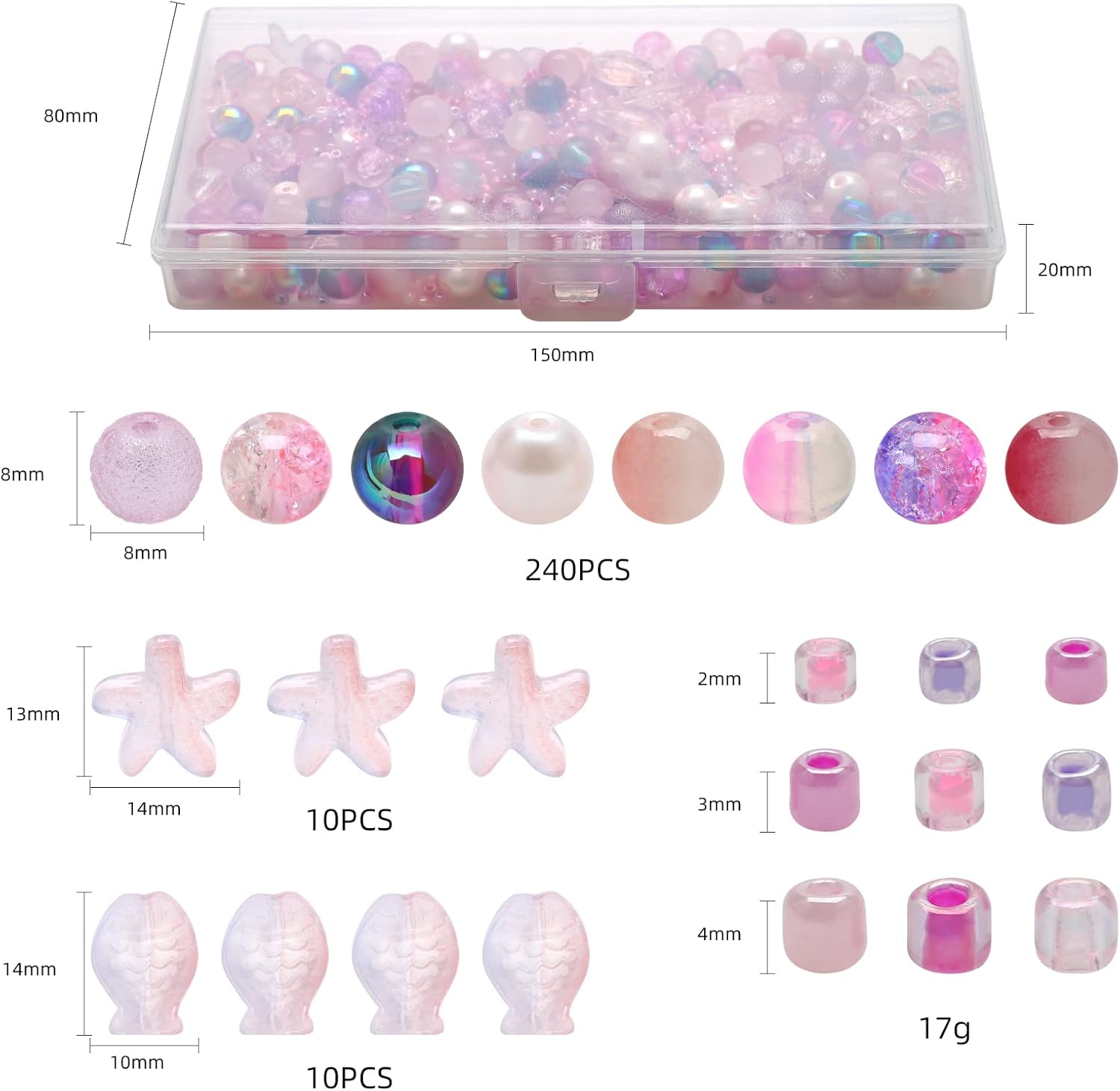 Kit de 760 piezas de cuentas mixtas para manualidades, kit de fabricación de pulseras de cuentas de vidrio rosa, cuentas de cristal redondas de