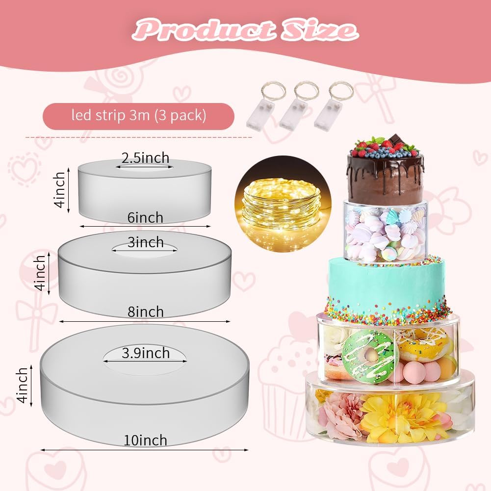 Soporte de acrílico transparente para tartas de bodas 3 piezas redondas de cumpleaños rellenables soportes para tartas para fiesta con luces LED –