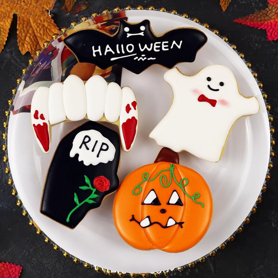 Cortadores de galletas de Halloween, 5 piezas de acero inoxidable para hornear, moldes de calabaza, fantasma, dientes de vampiro, murciélago, ataúd