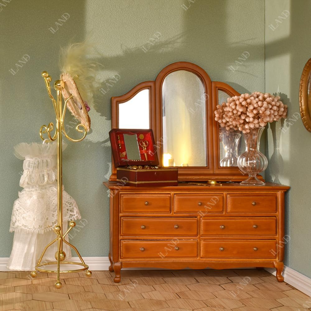 iLAND Muebles para casa de muñecas a escala 112, perchero para casa de muñecas y espejo de longitud completa (color dorado)