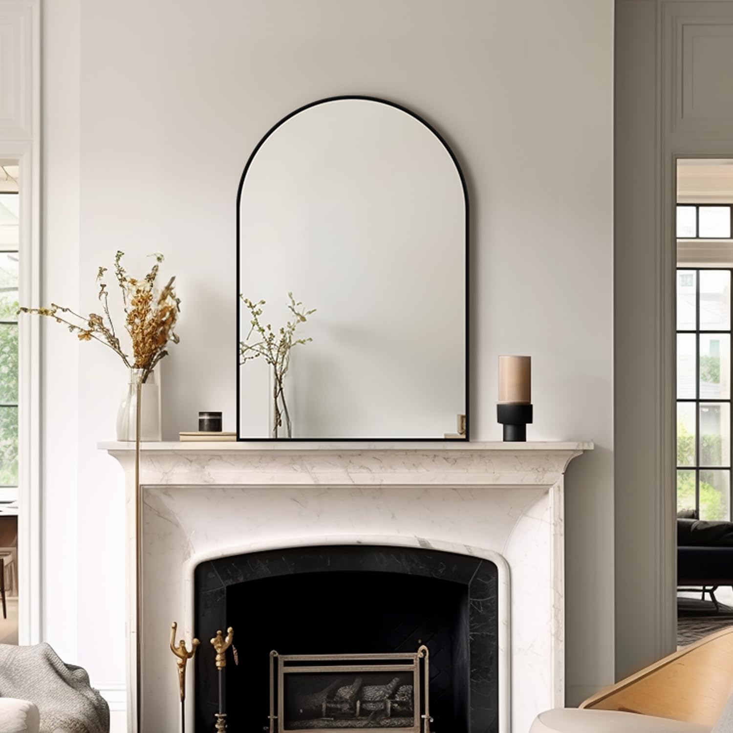 Espejo de pared arqueado, 30 x 20 pulgadas, espejo negro arco para tocador de baño, sala de estar o dormitorio, entrada, espejo de pared con arco