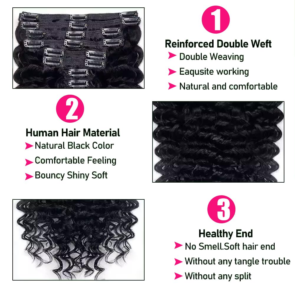 Extensiones de cabello humano ondulado profundo con clip para mujeres negras, 8 piezas, 18 clips, doble trama, extensiones de cabello humano