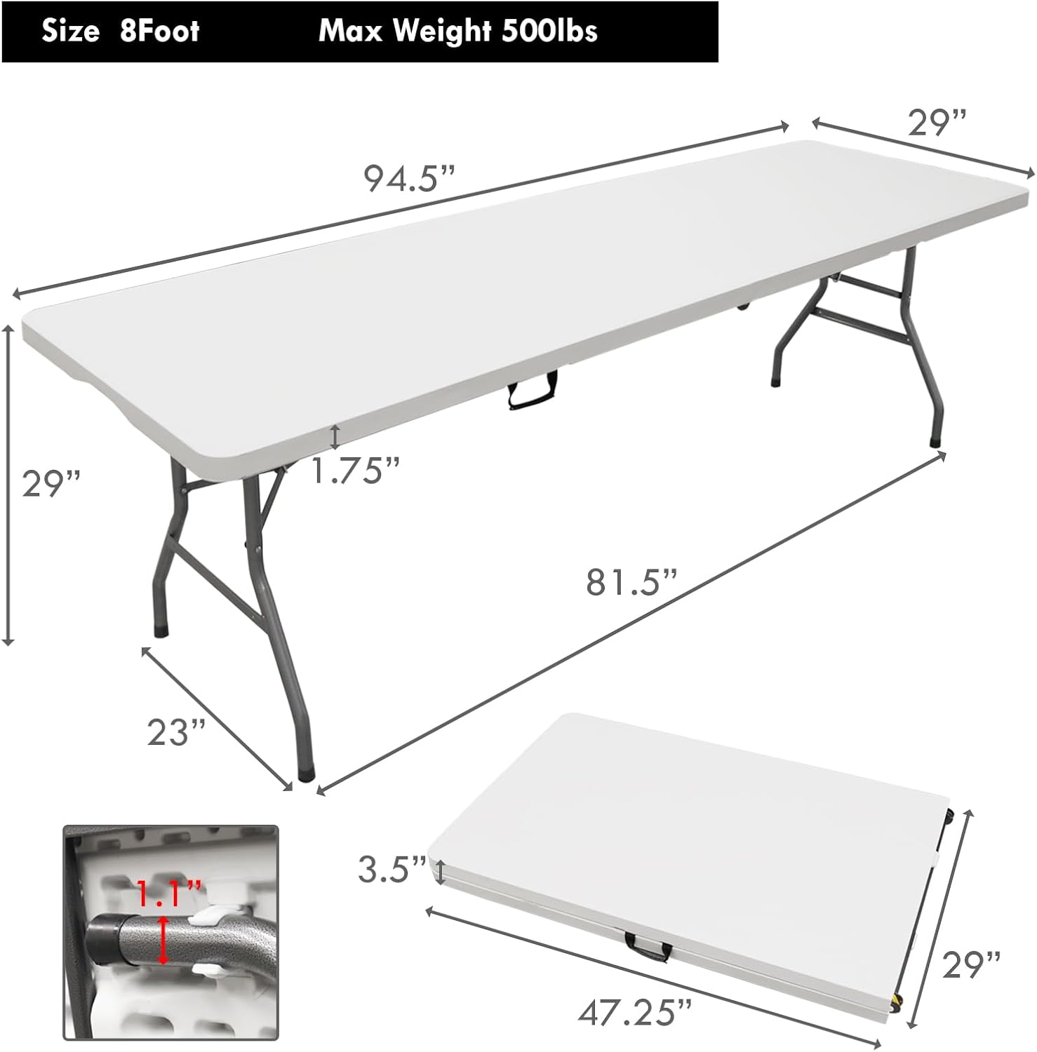 Plainsity Mesa plegable de plástico de 8 pies  Mesa de comedor portátil, plegable y resistente para fiestas, bodas, barbacoas, campamentos, eventos