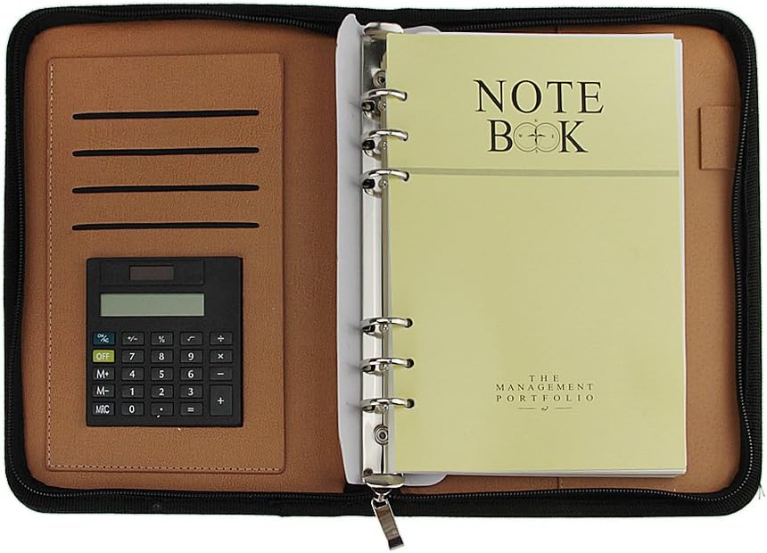 Bao Core Cartera de viaje con cremallera de piel sintética, tamaño A5, cuaderno ejecutivo de hojas sueltas con ranuras para tarjetas de calculadora,