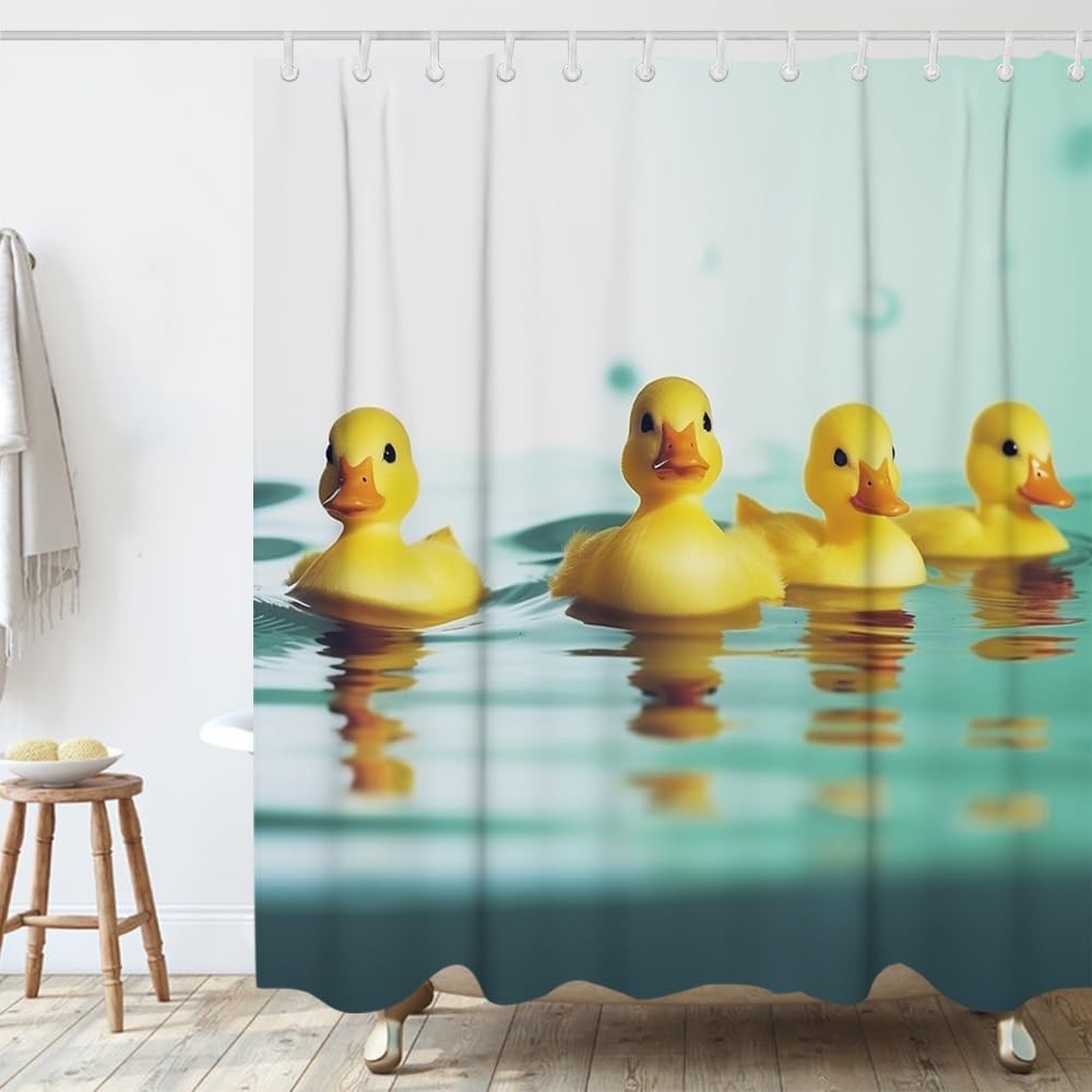Divertidos cortinas de ducha de tela con diseño de pato chirriante amarillo con 12 ganchos, 72 x 72 pulgadas, poliéster, lavable a máquina, amarillo