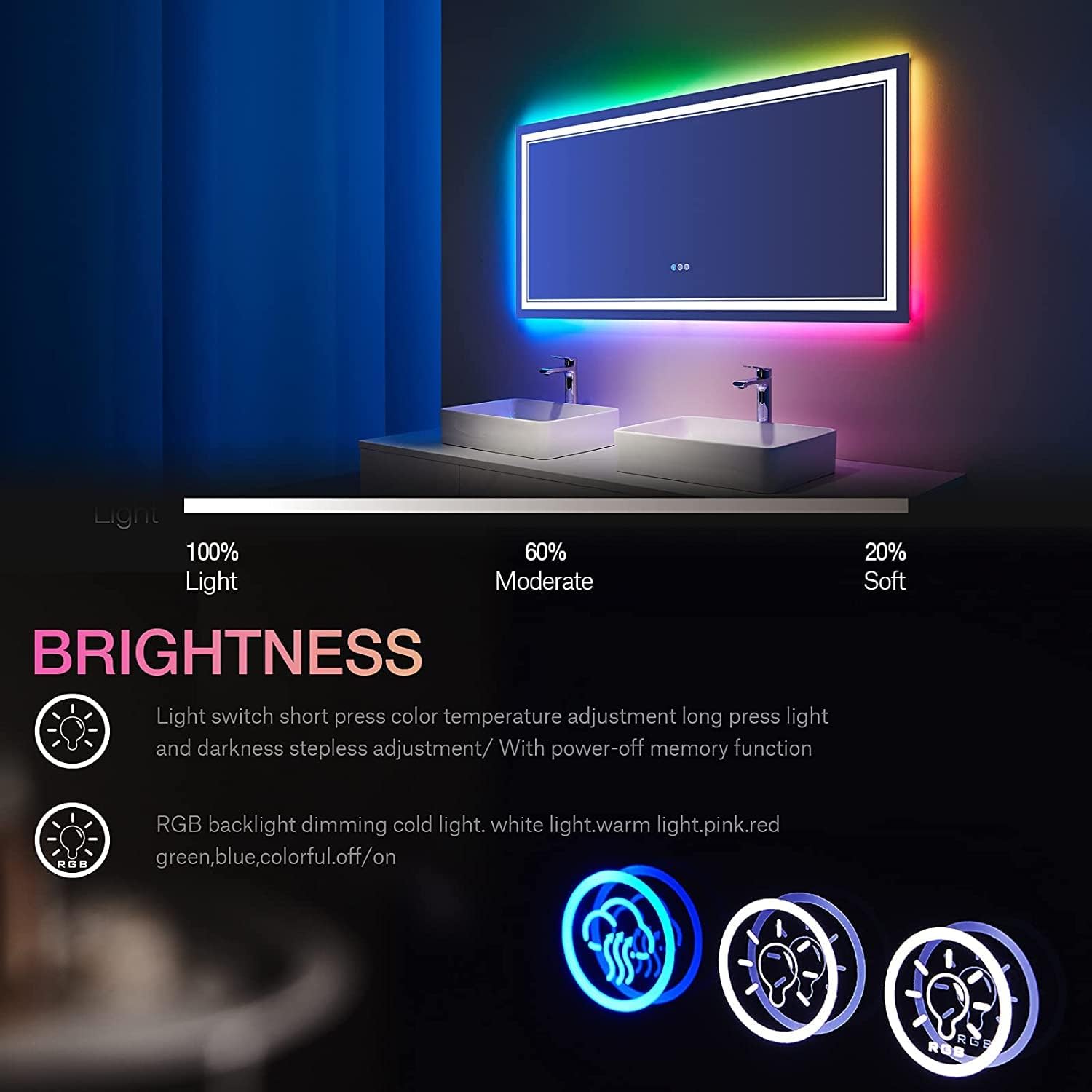ISTRIPMF Espejo de baño LED RGB de 48 x 40 pulgadas con luces, espejo LED RGB retroiluminado que cambia de color para baño, espejos de tocador