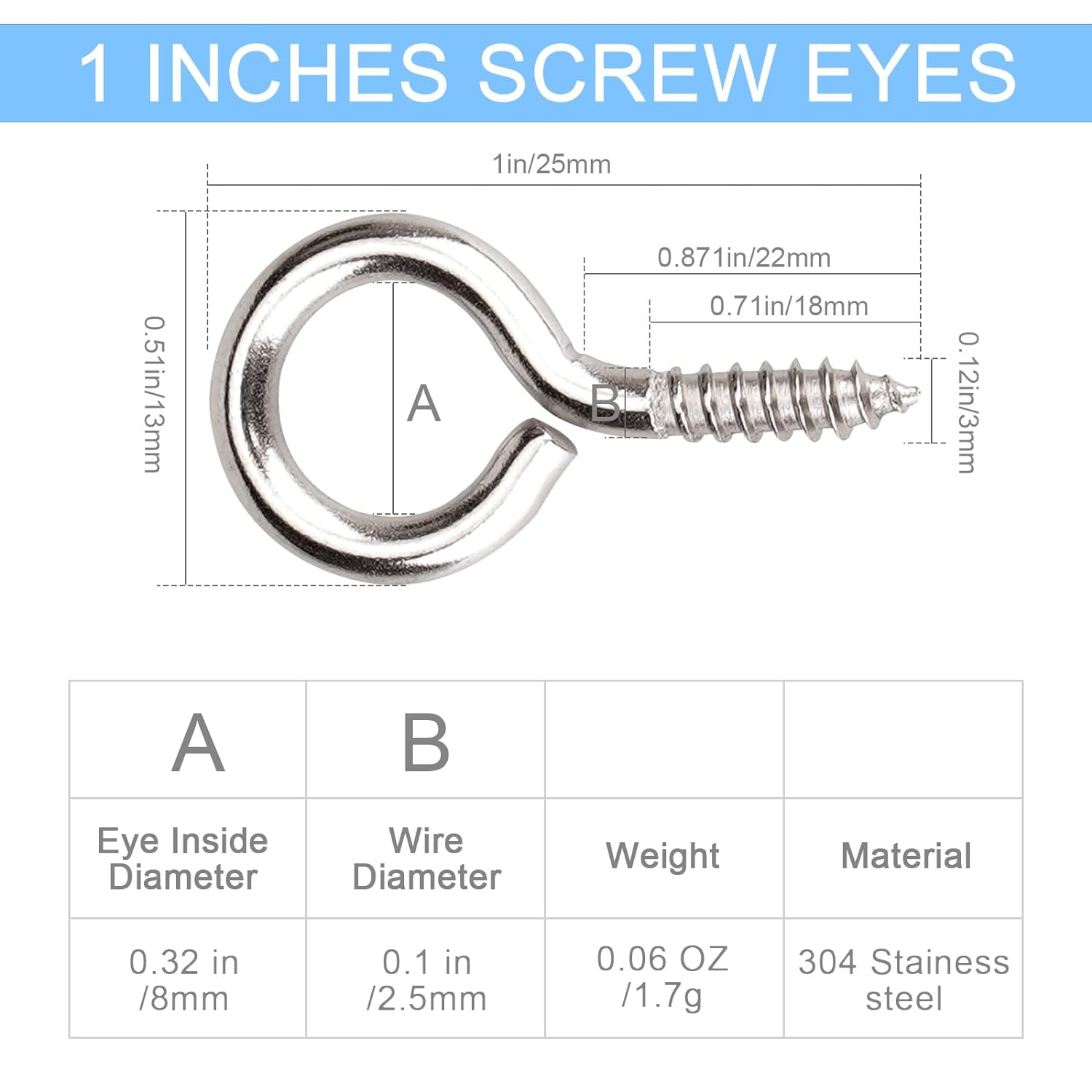 50 tornillos de ojo de acero inoxidable 304 de 1 pulgada, tornillo resistente, ganchos de ojo, tornillos de ojo, ganchos de ojo, para interiores y