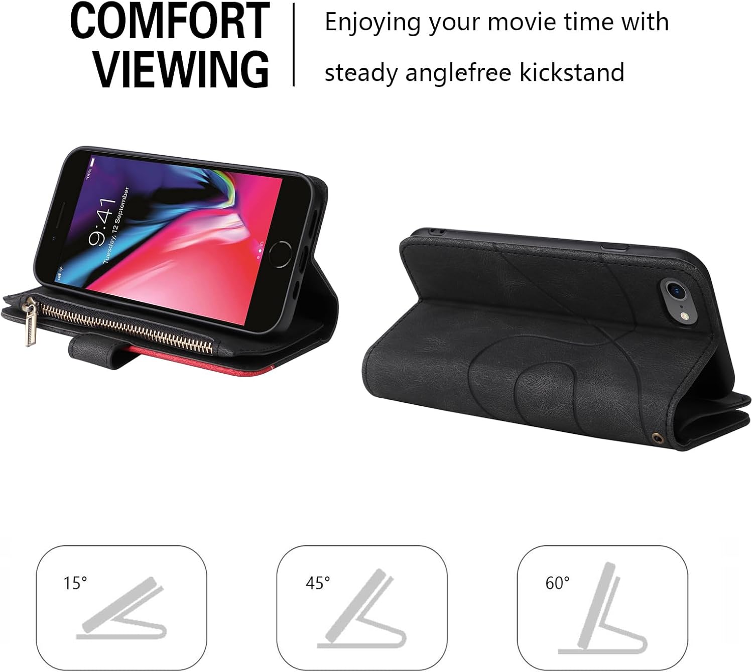 Asuwish Funda de teléfono para iPhone 66s78SE 2020 2022 Funda tipo cartera con protector de pantalla y cremallera abatible para tarjetero, ranura
